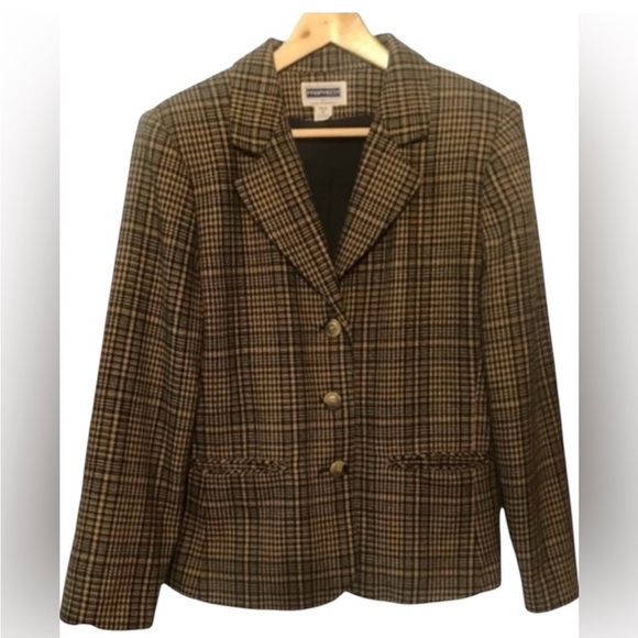 Vintage 90s Plaid Wool Blazer Prophecy Black & Tan Houndstooth L 12 - Picture 2 of 8